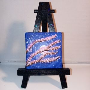 Hand-painted tiny canvas with glittered easel